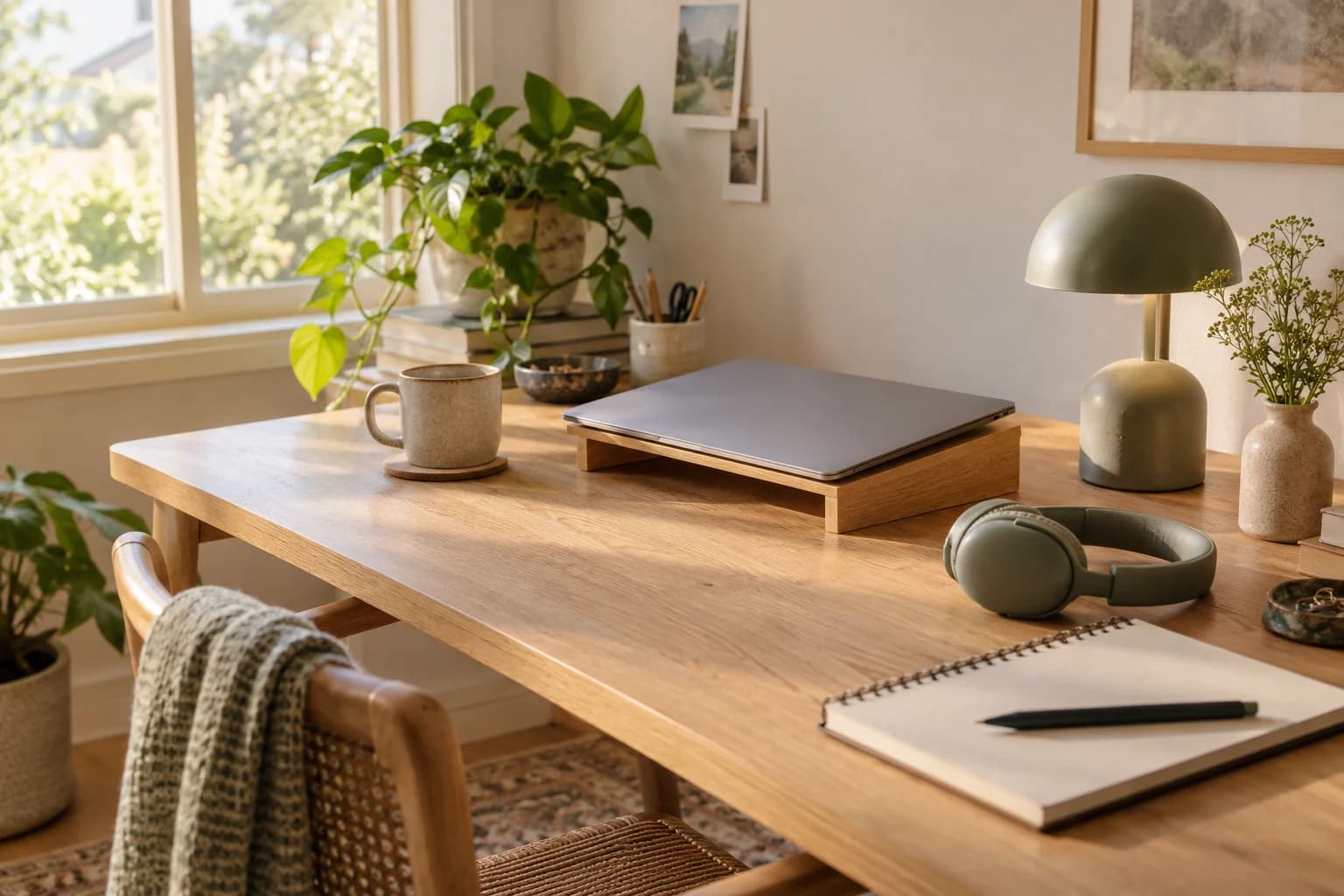 A sunlit oak workspace with a lamp, laptop stand, headphones, and notebook.